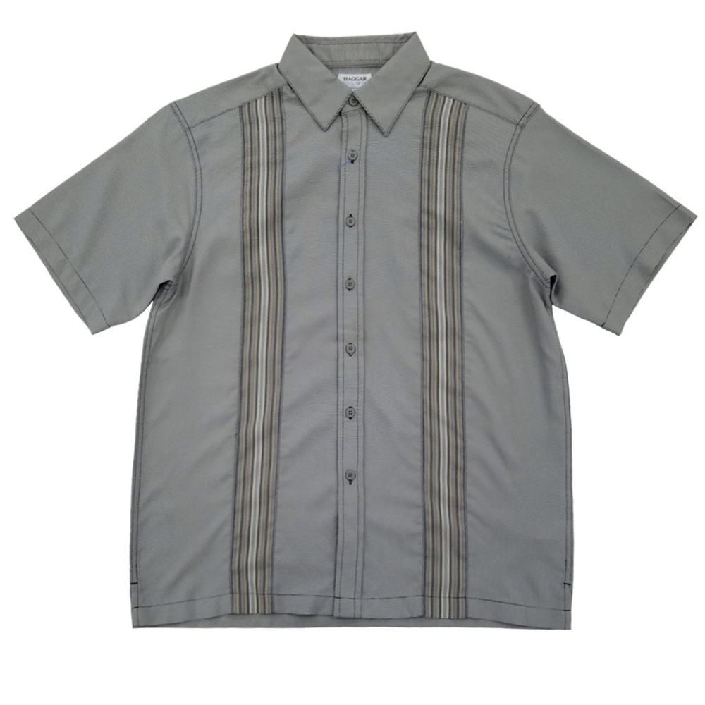 Haggar Mens Black Stripe Classic Fit Microfiber Short Sleeve Button-Down Shirt